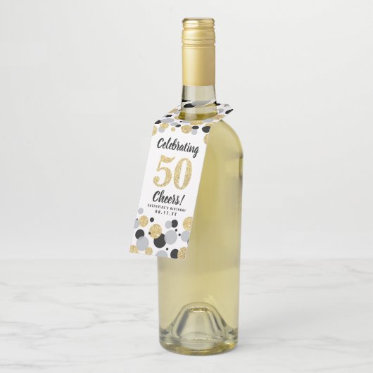 50e Verjaardag Zwart Grijs Goud Glitter Confetti Flessenhanger (Schuin)
