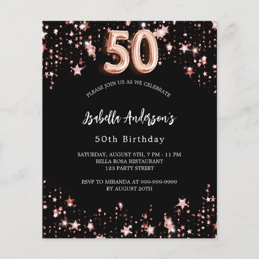 50e verjaardag zwart roos gouden budgetuitnodiging flyer (Voorkant)