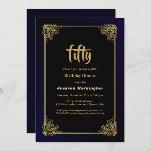 50e verjaardag zwart-wit en gouddiner kaart (Voorkant / Achterkant)