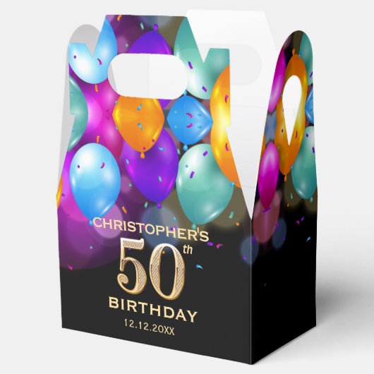 50e verjaardag Zwarte en gouden ballonnen Bedankdoosjes (Geopend)