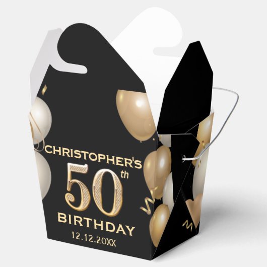 50e verjaardag Zwarte en gouden ballonnen Bedankdoosjes (Geopend)