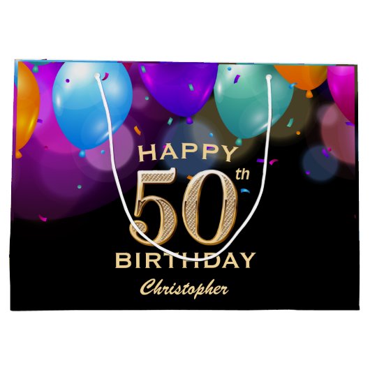 50e verjaardag Zwarte en gouden ballonnen Groot Cadeauzakje (Achterkant)
