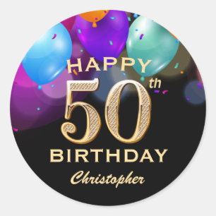 50e verjaardag Zwarte en gouden ballonnen Ronde Sticker