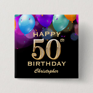 50e verjaardag Zwarte en gouden ballonnen Vierkante Button 5,1 Cm