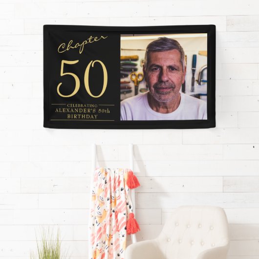 50e verjaardag zwarte goudfoto spandoek (Insitu)
