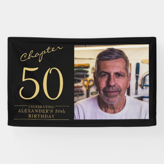 50e verjaardag zwarte goudfoto spandoek (Horizontaal)