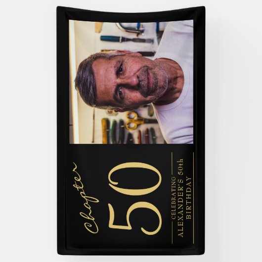 50e verjaardag zwarte goudfoto spandoek (Verticaal)