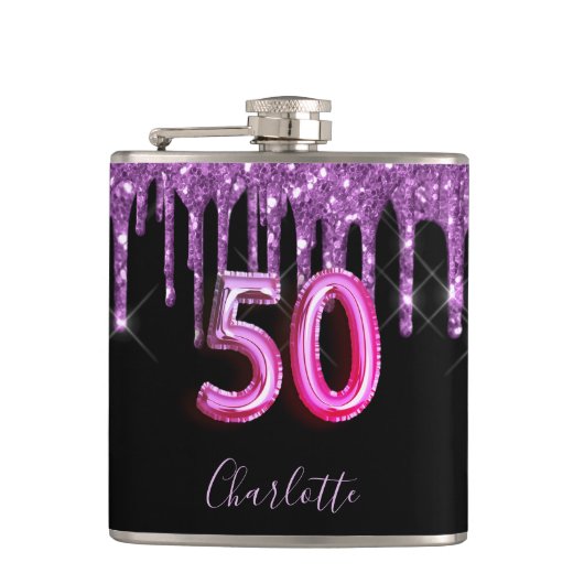 50e verjaardag zwarte paarse glitter scriptvriende heupfles (Voorkant)