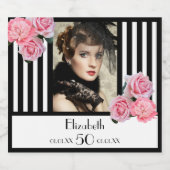 50e verjaardag zwarte witte strepen foto van flora sparkling wijnetiket (Enkel label)