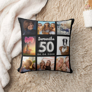50e verjaardag zwarte zilveren fotocollage kussen