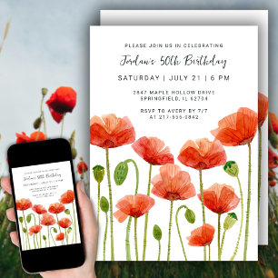 50e Verjaardagsfeest Aquarel Bloemen Papavers Kaart