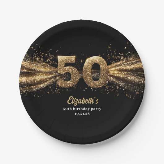 50e verjaardagsfeest Modern Zwart en Goud Papieren Bordje (Voorkant)