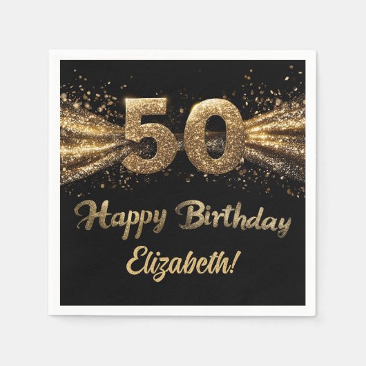 50e verjaardagsfeest Modern Zwart en Goud Servet (Voorkant)