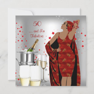 50e Verjaardagsfeest Retro Diva Art Deco Rood Zilv Kaart