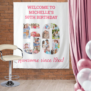 50e Verjaardagsfeest Roze Fotocollage Achtergrond Wandkleed