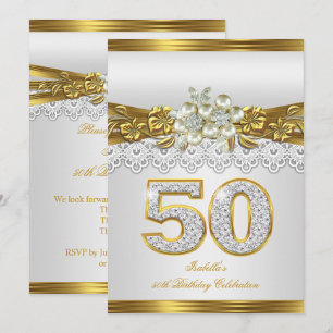 50e verjaardagsfeest White Pearl Gold Lace Floral Kaart