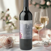 50e verjaardagsfeest zilveren glitter drip bloemen wijn etiket