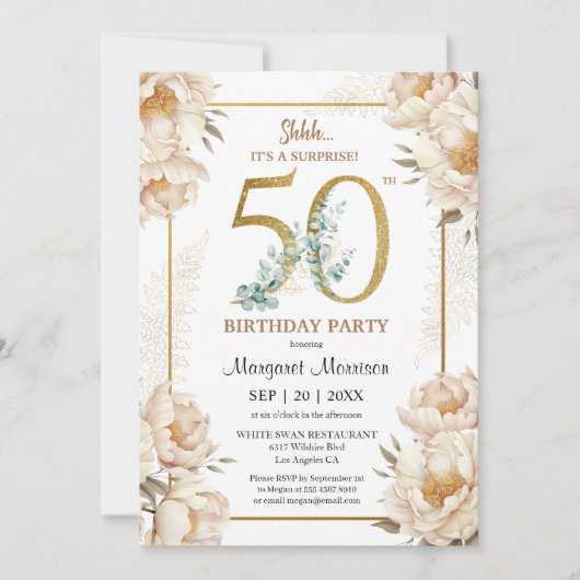 50e verjaardagsfeestje Elegante witte pioen bloemi Kaart (Voorkant)