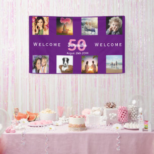 50e verjaardagsfeestje foto collage paars spandoek