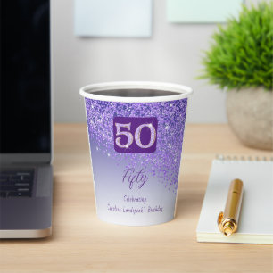 50e Verjaardagsfeestje Glanzende Paarse Glitters Papieren Bekers