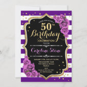50e Verjaardagsuitnodiging Paarse Goud met Rozen Kaart (Voorkant)