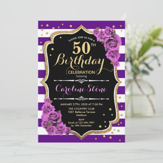 50e Verjaardagsuitnodiging Paarse Goud met Rozen Kaart (Staand voorkant)