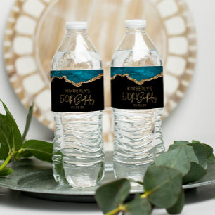 50e verpartijfeest Teal Blauwe Gouden Agate Waterfles Etiket