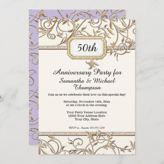 50e Vijftigste Art Nouveau Goud Paarse Jubileum Kaart (Voorkant / Achterkant)