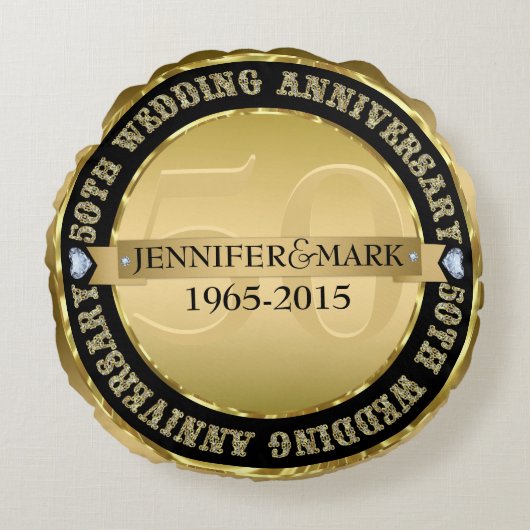 50e weddenschap Jubileum metaal goud & zwart Rond Kussen (Voorkant)