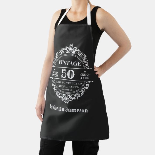 50e zwarte en witte monogram, geboortedag schort (Insitu)