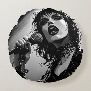50s BW Grafische Comic Stijl Goth Punk Zangeres Rond Kussen