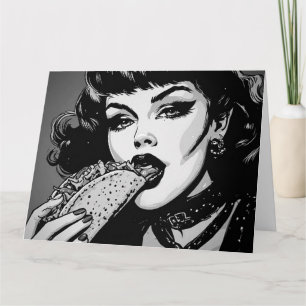 50s BW grafische stijl goth-meisje dat een taco ee Kaart