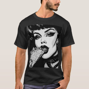 50s BW grafische stijl goth-meisje dat een taco ee T-shirt