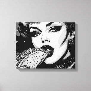 50s BW Grafische Stijl Goth Meisje Eet een Taco Canvas Afdruk