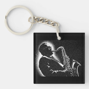 50s BW grafische stijl saxofonist Sleutelhanger