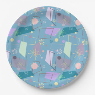 '50s Retro atoompatroon in blauw en Paars Papieren Bordje