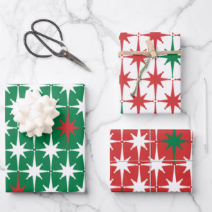 50s Retro Kerststerren Rood Groen Wit Inpakpapier Vel