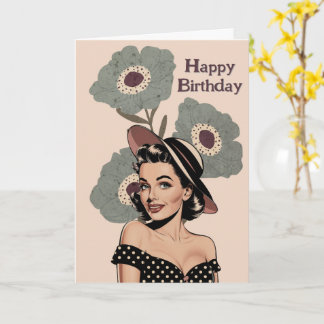 50s  Retro pinup vrouw & bloemen, Verjaardag Kaart