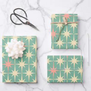  50s Retro Sterren Patroon Blauwgroen Mint & Roze Inpakpapier Vel