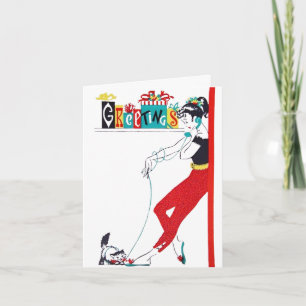 50s Teen Girl aan de telefoon met Kat Feestdagen Kaart