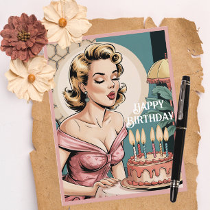 50s Vintage Retro Blondine Vrouw & Verjaardagstaar Briefkaart