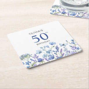50ste Blauwe Bloemen Verjaardag Vierkante Kartonnen Onderzetter
