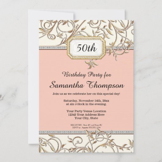 50ste Glam Goud Roze Art Nouveau Verjaardag Kaart (Voorkant)