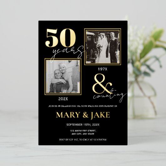 50ste gouden huwelijksjubileum Toen & Nu Folie Uitnodiging (Staand Voorkant)