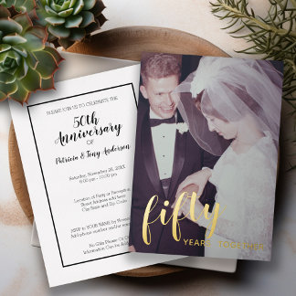 50ste huwelijksjubileum goud folie & foto uitnodiging