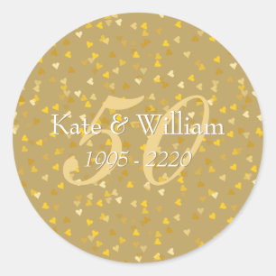 50ste huwelijksjubileum gouden harten confetti ronde sticker