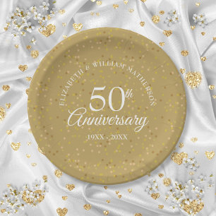 50ste huwelijksjubileum gouden stof confetti papieren bordje