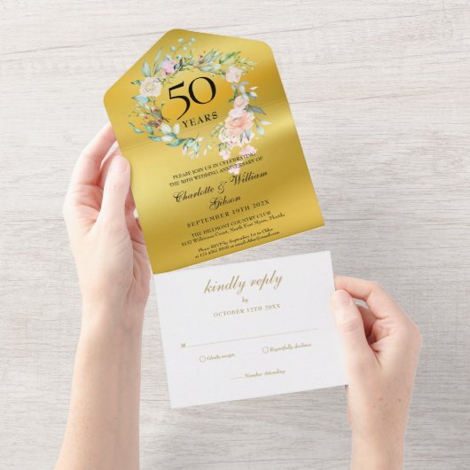 50ste huwelijksjubileum Monogram Bloem Goud All In One Uitnodiging (Afscheurbaar)