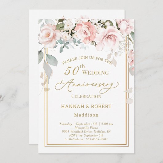 50ste huwelijksjubileum Witte roze rozen uitnodige Kaart (Voorkant / Achterkant)