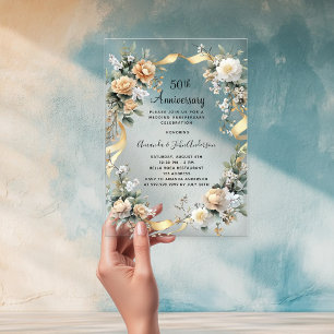 50ste huwelijksverjaardag Goud Geel Bloemen Clear Acryl Uitnodigingen